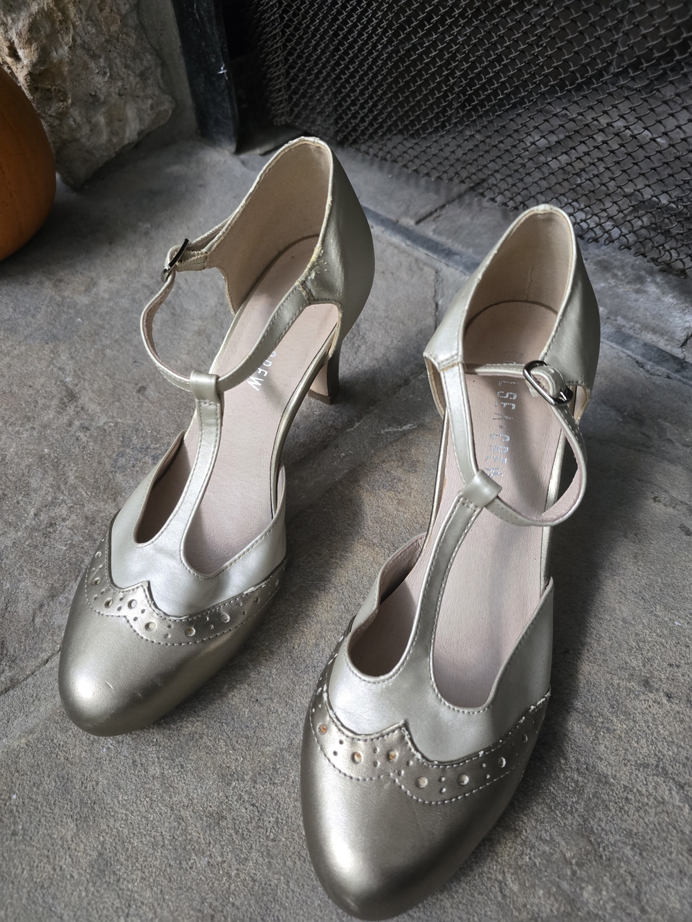 chelsea crew Metallic Gold T-Strap Heels